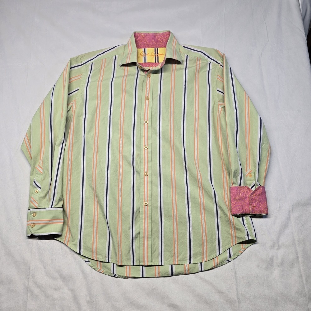 Robert Graham men's green multi-stripe long-sleeve button-up shirt XL‎ Flip Cuff